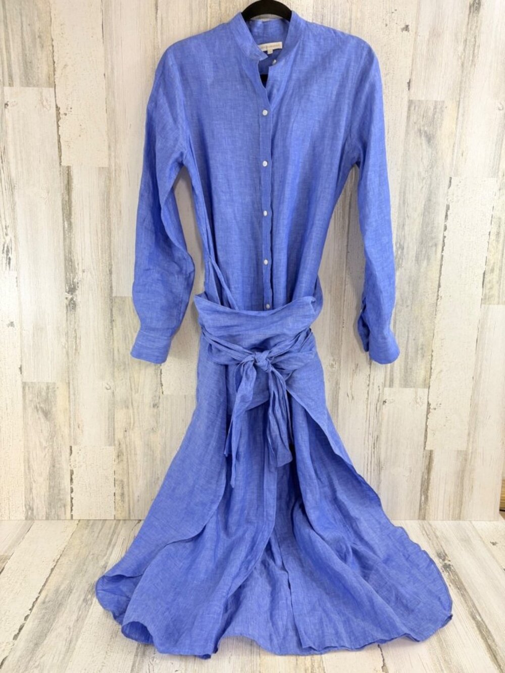 Ann Mashburn Sz M Maxi Tie Waist Shirt Dress Blue Linen